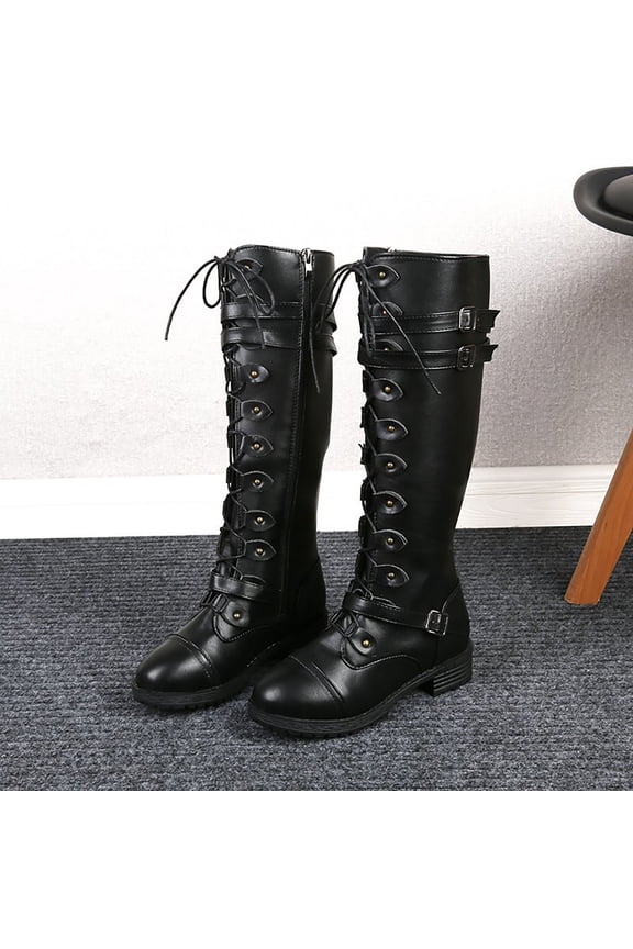 Women's Boots Winter New Arrival Retro Solid Color Round Toe Buckle Cross Strap Low Heel Mid-Calf Casual Fashion
