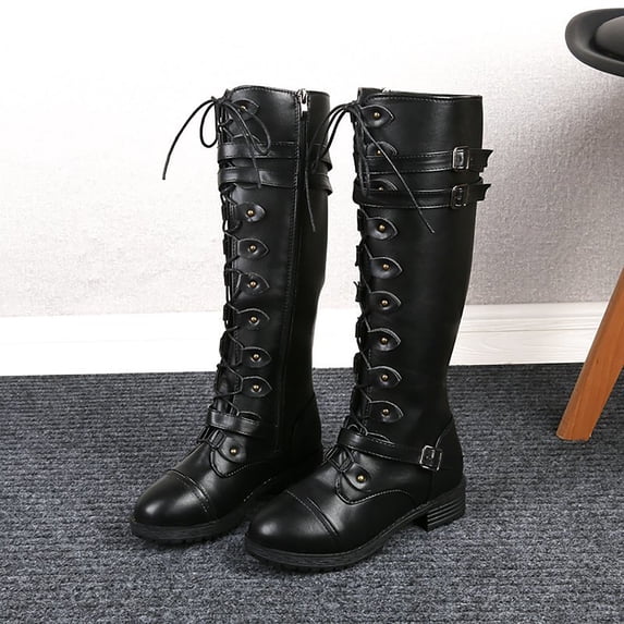 Heisall Women's Boots Winter New Arrival Retro Solid Color Round Toe Buckle Cross Strap Low Heel Mid-Calf Casual Fashion