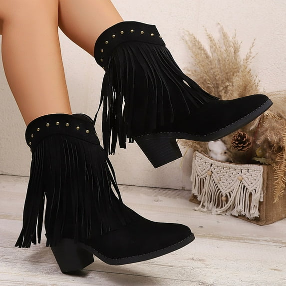 Heisall Women's Boots Winter New Arrivals Vintage Solid Color Pointed Toe Suede Studded Tassel Mid-Calf Boots Chunky Mid Heel Casual Fashion