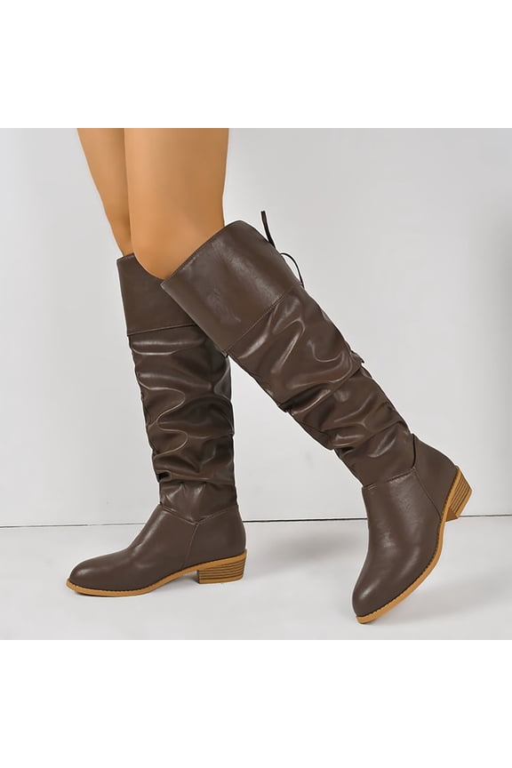 Women's Boots Winter New Solid Color Long Shaft Pointed Toe Square Heel Lace-Up Riding Boots Fashion Casual