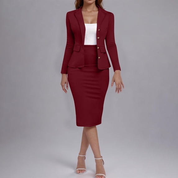Heisall Women's Business Suit 2 Piece Long Sleeve Skirt Suit Set Lady Blazer Office Work Solid Slim Fit Jacket Outfits