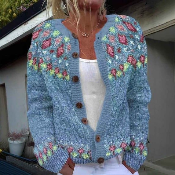 Heisall Women's Cardigans 2025 Autumn Winter Ethnic Jacquard Knit Sweater Button Front Loose Casual Fashion Tops