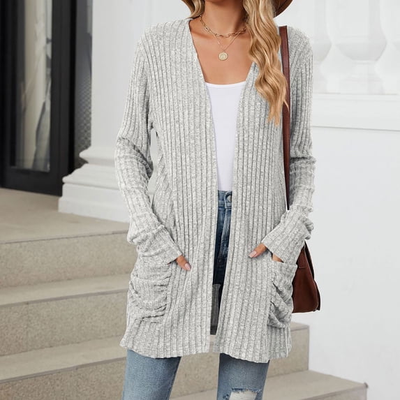 Heisall Women's Cardigans Brushed Ribbed Texture Solid Color Simple Design Long Sleeve with Pockets Casual Knit Outerwear