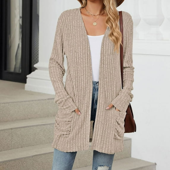 Heisall Women's Cardigans Brushed Ribbed Texture Solid Color Simple Design Long Sleeve with Pockets Casual Knit Outerwear