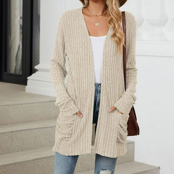 Heisall Women's Cardigans Brushed Ribbed Texture Solid Color Simple Design Long Sleeve with Pockets Casual Knit Outerwear