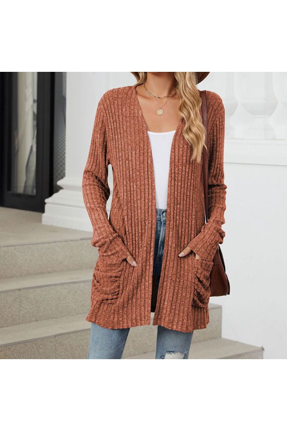 Women's Cardigans Brushed Ribbed Texture Solid Color Simple Design Long Sleeve with Pockets Casual Knit Outerwear