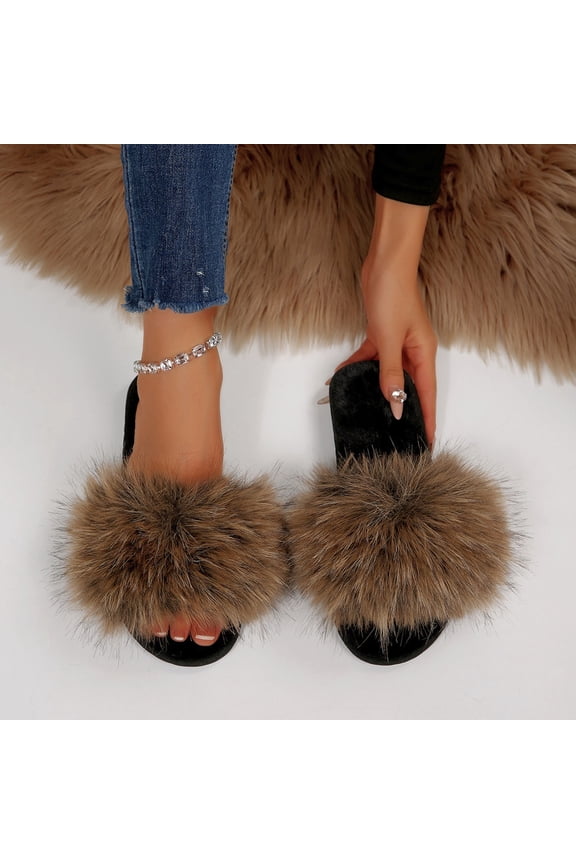 Women's Casual Indoor/Outdoor Furry Slide Slippers with Anti-Slip Sole, Soft Flat Sandals for Home Use in Fall/Winter, Loose Toe Design in Gradient Colors