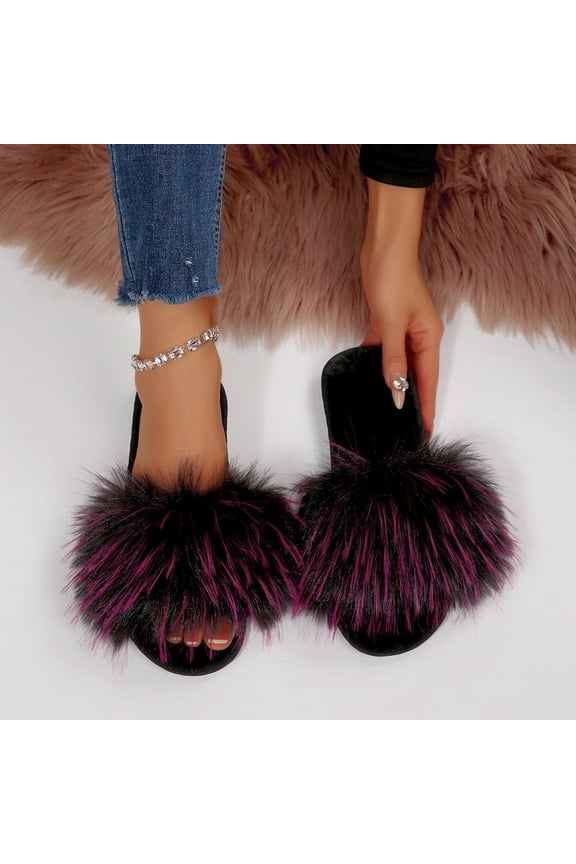 Women's Casual Indoor/Outdoor Furry Slide Slippers with Anti-Slip Sole, Soft Flat Sandals for Home Use in Fall/Winter, Loose Toe Design in Gradient Colors