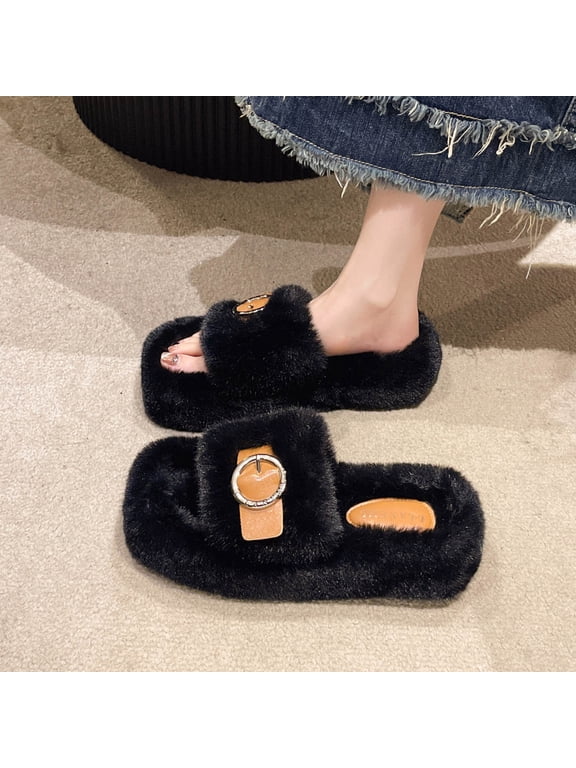 Women's Casual Leather Fur-Lined Platform Slippers for Winter, Cozy Fuzzy Thickened Non-Slip Indoor/Outdoor Home Shoes with Warm Fluffy Lining