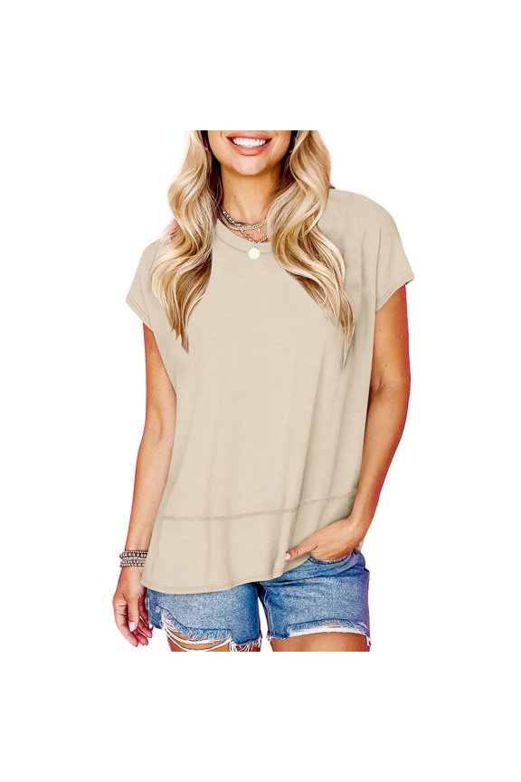 Women's Casual Loose Fit Crew Neck Dolman Short Sleeve Tunic Tops Soft Lightweight Summer Blouses with Hem Accent