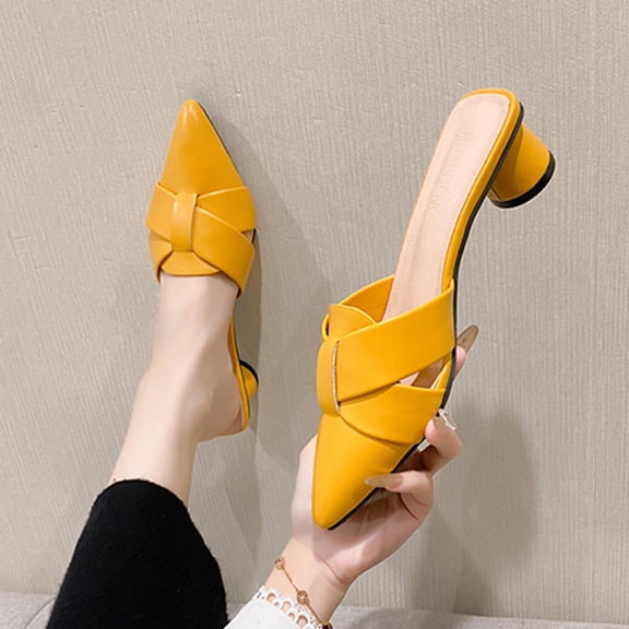 Heisall Women's Casual Sandals Low Heel Pointed Toe One-Foot Thick Heel Mules with Crisscross Strap Synthetic Leather Soft Insole for Outdoor & Indoor Use, Size 36-37 EU/US/UK