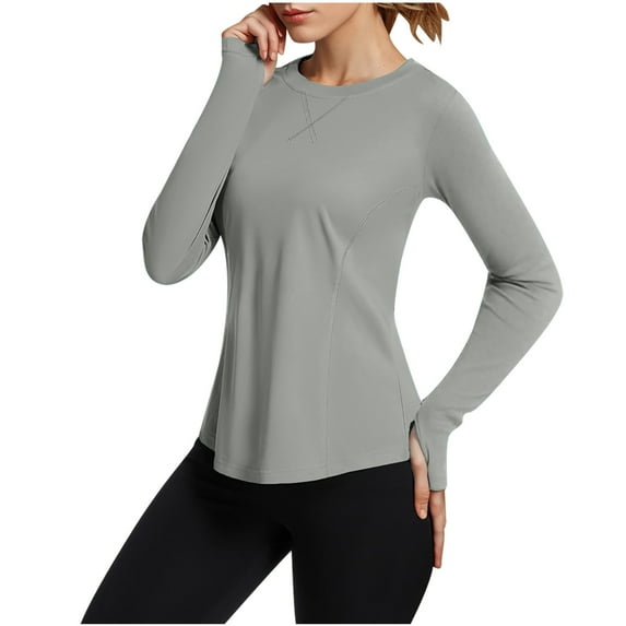 Heisall Women's Casual Shirts Solid Color Round Neck Long Sleeve Sun Protection Tops with Thumb Holes Outdoor Blouses