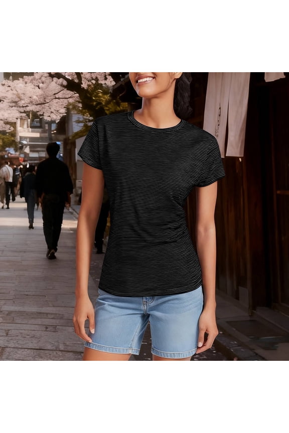 Women's Casual Short Sleeve Crew Neck Fitted Drawstring Waist Tops Blouse for Everyday Fashion