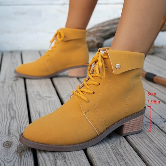 Heisall Women's Casual Winter Ankle Boots Solid Color Pointed Toe Front Lace-Up Chunky Low Heel Fashion Footwear