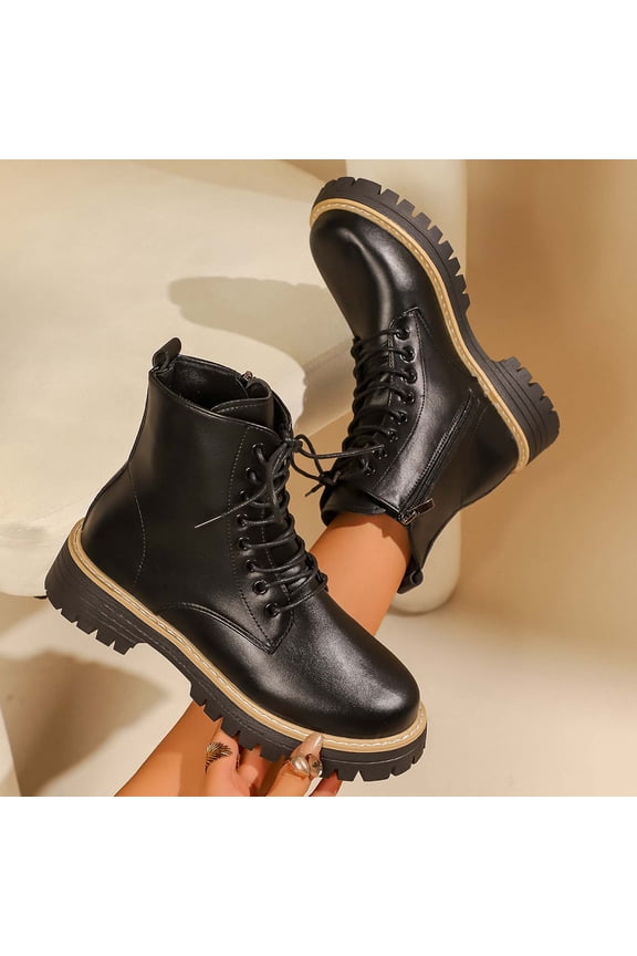 Women's Casual Winter Ankle Boots Solid Color Round Toe Front Lace-Up Side Zipper Chunky Low Heel