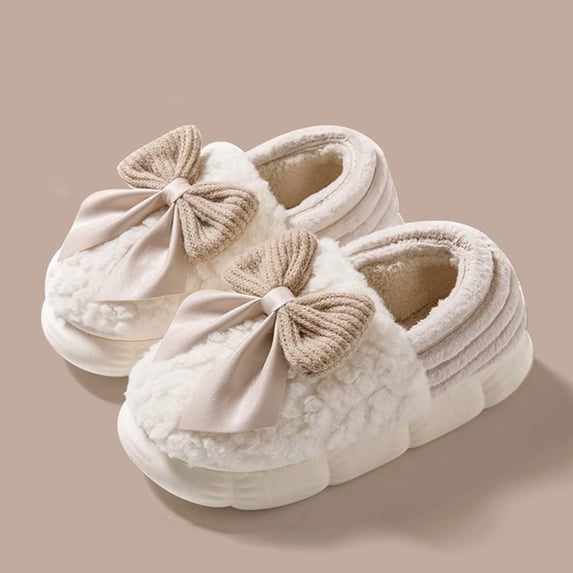 Heisall Women's Casual Winter Bow-Knotted Heeled Slippers with Thick Cushioned Sole, Warm Lining Indoor/Outdoor House Shoes in Multiple Colors