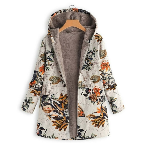 Heisall Women's Coats 2025 Autumn Winter Fleece-lined Print Pockets Loose Hooded Long Sleeve Casual Fashion Outerwear