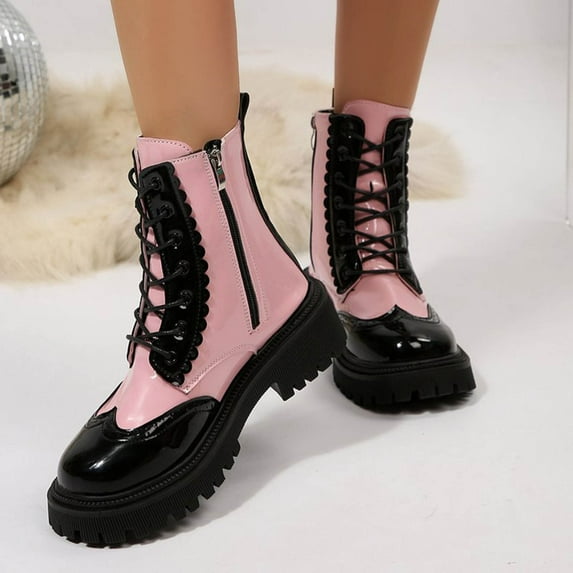 Heisall Women's Color-Block Ankle Boots Thick Sole British Style Wide Width Autumn Winter Fashion Comfortable Stylish Short Boots Low Heel Chunky Boots