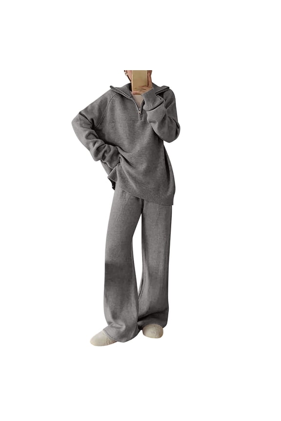 Women's Cozy Solid Color Knitted Two-piece Set - Loose Pullover Sweater & Wide Leg Pants, Soft Warm Outfit for Spring Winter Daily Wear