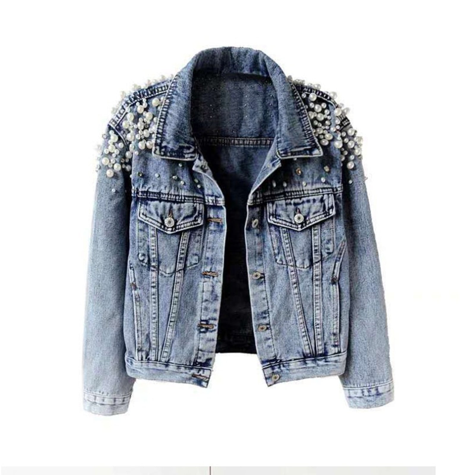 Heisall Women's Denim Jackets Heavy Work Rhinestone Embellished Short ...