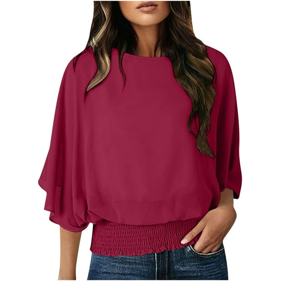 Heisall Women's Fall Casual 3/4 Sleeve Round Neck Lace Up Tops Blouse Polyester Loose Fit Fashion Outfits