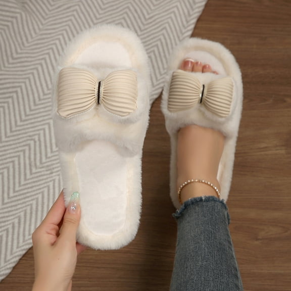 Heisall Women's Fashion Casual Winter Indoor/Outdoor Faux Fur Lined Slippers with Bow Detail, Non-Slip Sole, Classic Colors for Home Wear