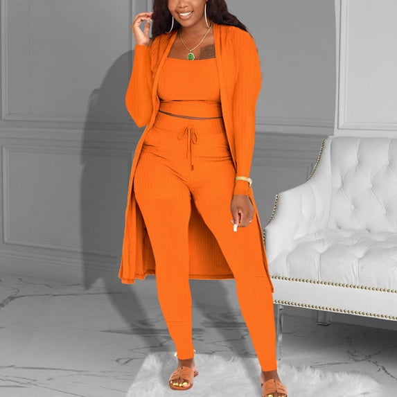 Heisall Women's Fashion Solid Color Three Piece Set Round Neck Top and Elastic Waist Pocket Free Pants Matching Set