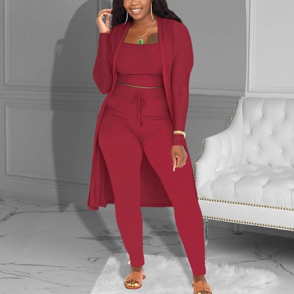 Heisall Women's Fashion Solid Color Three Piece Set Round Neck Top and Elastic Waist Pocket Free Pants Matching Set