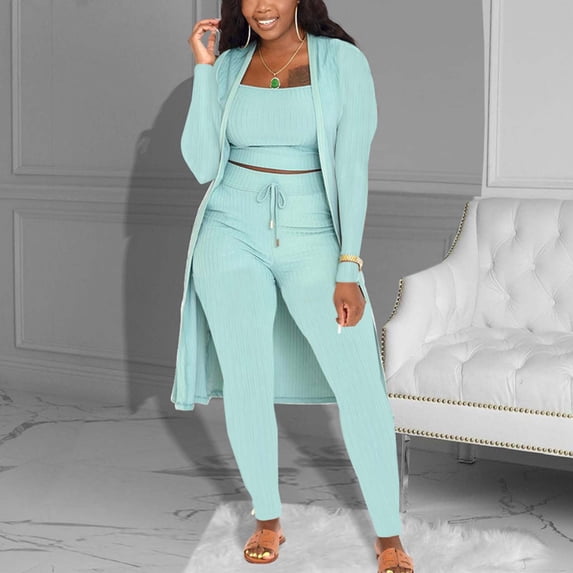 Heisall Women's Fashion Solid Color Three Piece Set Round Neck Top and Elastic Waist Pocket Free Pants Matching Set