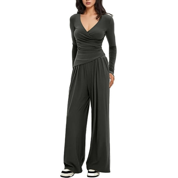 Heisall Women's Fashion Winter Two Piece Lounge Set Solid Color V Neck Long Sleeve Top and Loose Pants Matching Set