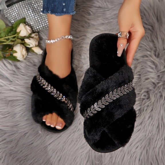 Heisall Women's Fashionable Slippers for Indoor Home Use Wrap-Around Strap with Shimmering Embellishments Soft Velvety Light Brown Flat-Soled Comfortable Casual Stylish for Fall Winter