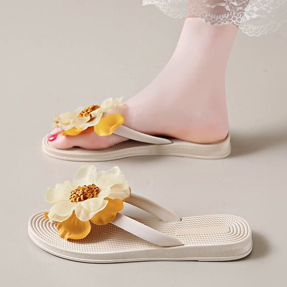 Heisall Women's Flip-Flops with Straw Flower Flat Sole for Summer Beach Vacation, Comfortable Open-Toe Slippers with Soft Elastic Sole for Casual and Outdoor Use