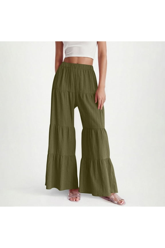 Women's Flowy Boho Elastic High Waist Ruffle Hem Wide Leg Beach Loose Palazzo Pants