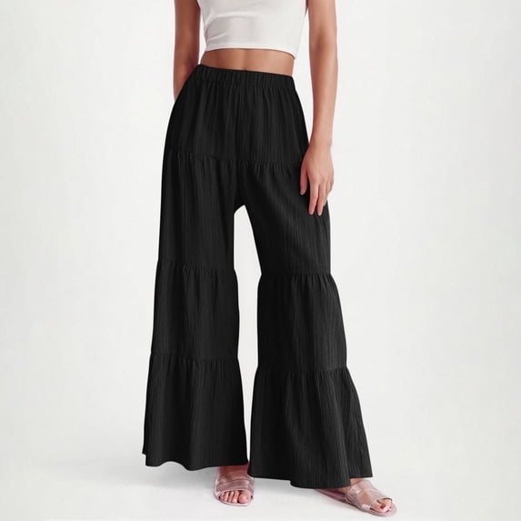 Heisall Women's Flowy Boho Elastic High Waist Ruffle Hem Wide Leg Beach Loose Palazzo Pants