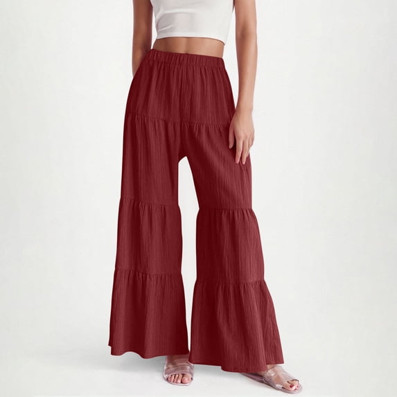 Heisall Women's Flowy Boho Elastic High Waist Ruffle Hem Wide Leg Beach Loose Palazzo Pants