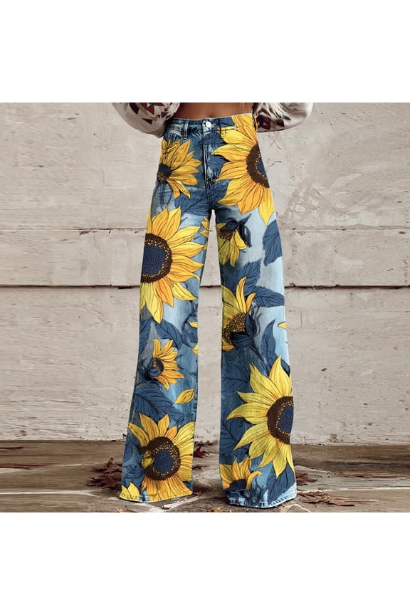 Women's High Waisted Wide Leg Jeans Flower Printed Straight Leg Baggy Jeans High Rise Loose Boyfriend Denim Pants 2026 Trendy