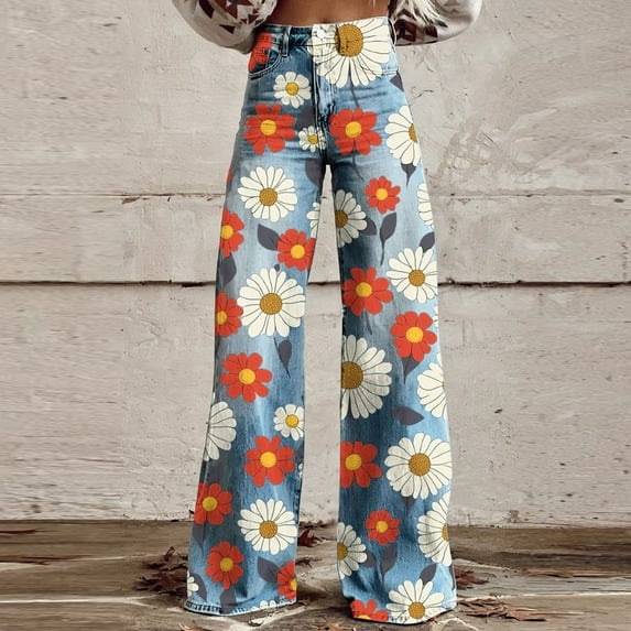 Heisall Women's High Waisted Wide Leg Jeans Flower Printed Straight Leg Baggy Jeans High Rise Loose Boyfriend Denim Pants 2026 Trendy