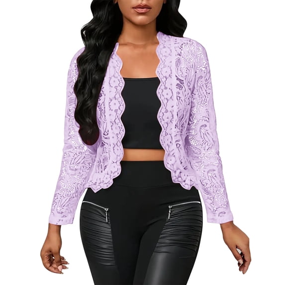 Heisall Women's Lace Work Cropped Blazer Jacket Fall Open Front Long Sleeve Fitted Bolero Jackets Cardigan for Dress