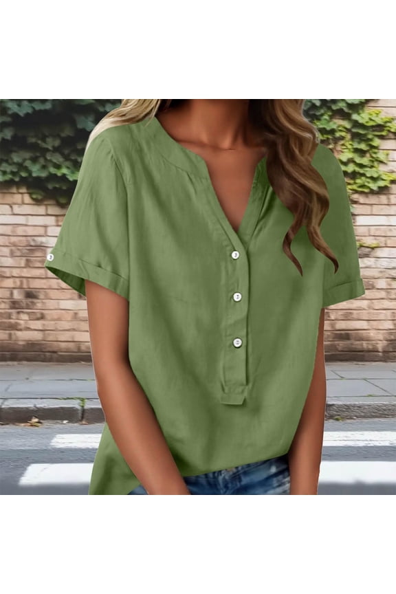 Women's Linen Inspired V-Neck Buttoned Half-Open Front Short Sleeve Casual Tops Spring Summer Fall Basic T-Shirts Blouse