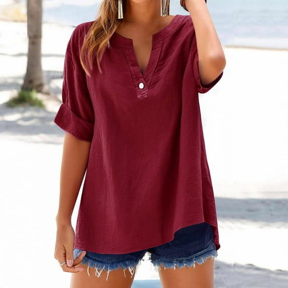 Heisall Women's Linen Short Sleeve Round Neck Casual Tops Blouse Summer Spring Tee Shirts