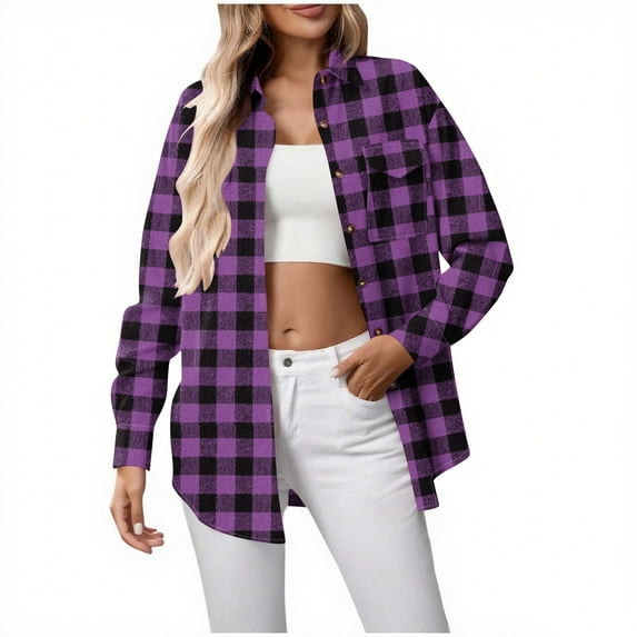 Heisall Women's Long Roll Up Sleeve Cotton Plaid Shirts Classic Fit Button Down Shirt Blouses with Pockets 2025