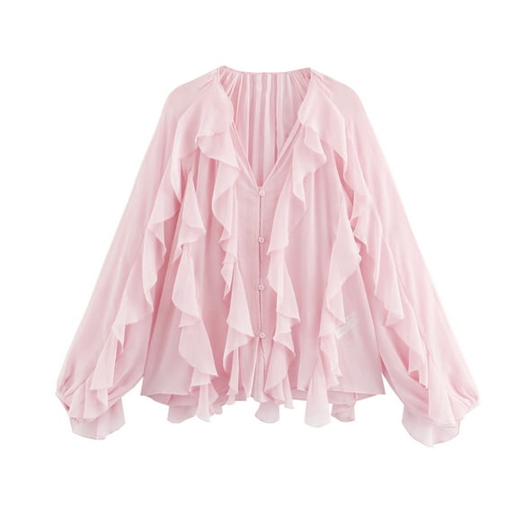 Heisall Women's Long Sleeve Chiffon Blouse V Neck Ruffle Trim Button Front Loose Fit Casual Tops Lightweight Elegant Spring Fall Outfits