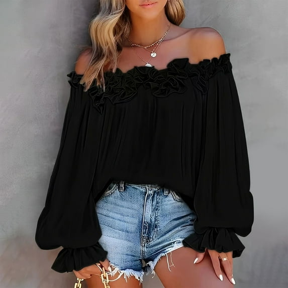 Heisall Women's Long Sleeve Off Shoulder Top Ruffle Trim Lantern Sleeve Loose Fit Casual Tops Soft Lightweight Party Outfits