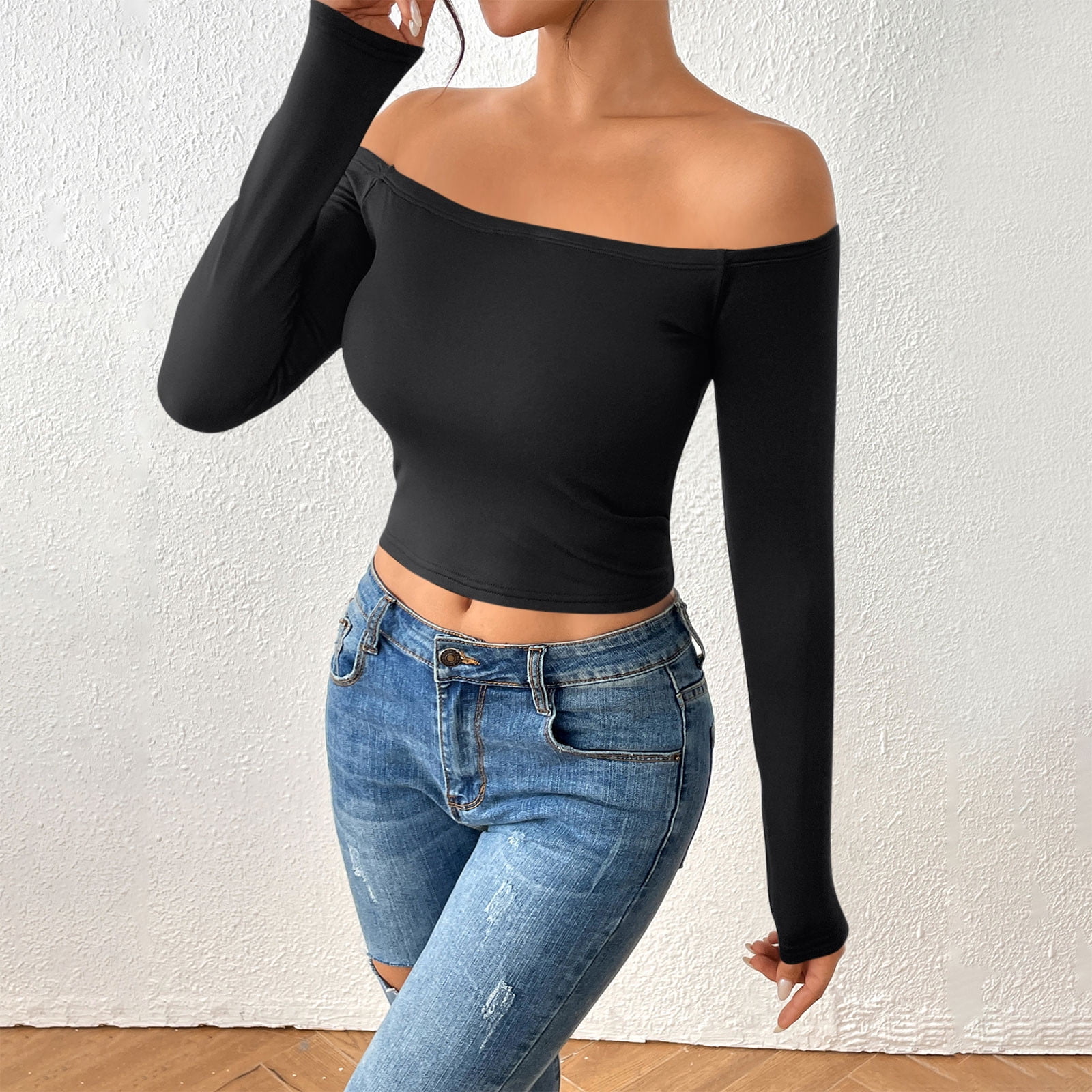Heisall Women's Long Sleeve Off Shoulder Tops Ribbed Knit Slim Fit — free download