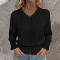 thumbnail image 1 of Heisall Women's Long Sleeve Sweaters V Neck Eyelet Knit Smocked Waist Ruffle Hem Loose Fit Casual Tops Soft Knit Spring Fall Outfits, 1 of 8