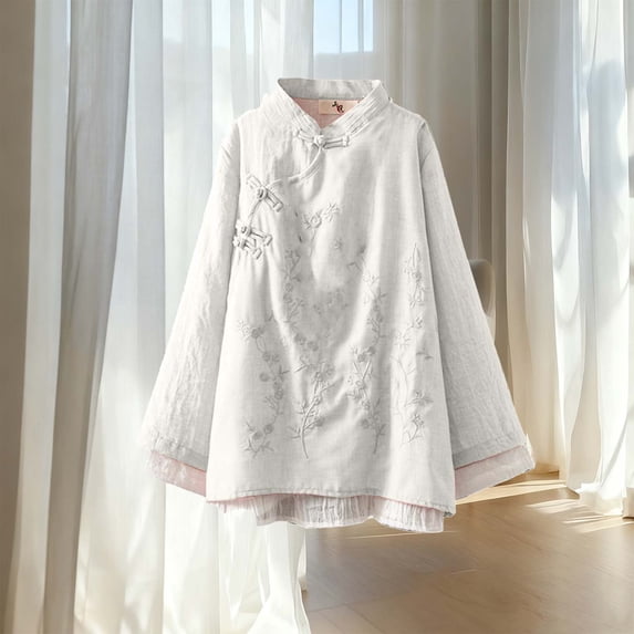 Heisall Women's Long Sleeve Tops Mandarin Collar Frog Button Floral Embroidery Loose Fit Casual Tops Soft Cotton Linen Spring Fall Outfits