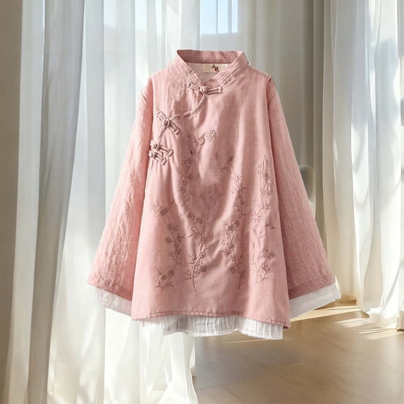 Heisall Women's Long Sleeve Tops Mandarin Collar Frog Button Floral Embroidery Loose Fit Casual Tops Soft Cotton Linen Spring Fall Outfits