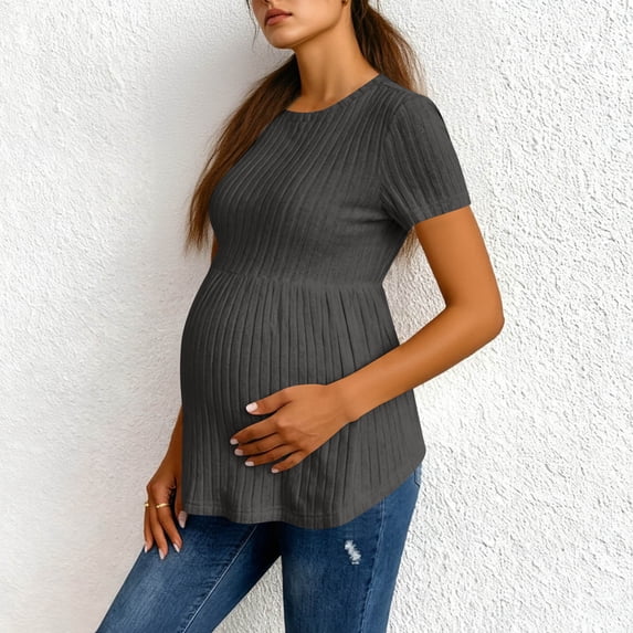 Heisall Women's Maternity Casual Short Sleeve Crew Neck Loose Fit Tops with Waist Pleats for Spring Summer Polyester Blouse