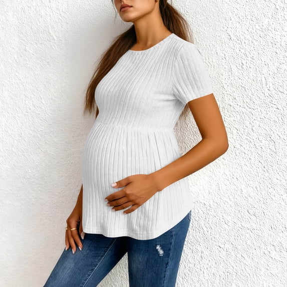 Heisall Women's Maternity Casual Short Sleeve Crew Neck Loose Fit Tops with Waist Pleats for Spring Summer Polyester Blouse