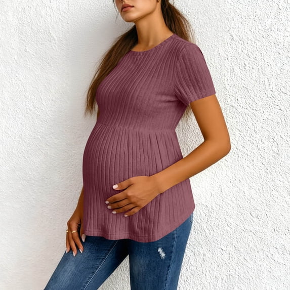Heisall Women's Maternity Casual Short Sleeve Crew Neck Loose Fit Tops with Waist Pleats for Spring Summer Polyester Blouse